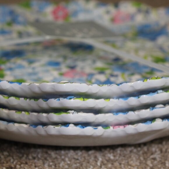 Soho Loft Blue Pink Flower Floral Scallop Melamine 11" Dinner Plate Set of 4 NWT - Picture 6 of 7